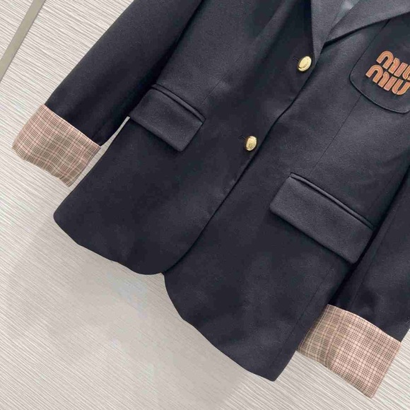 Miu Miu Black Blazer with Brown Plaid Cuffs - Picture 4 of 8